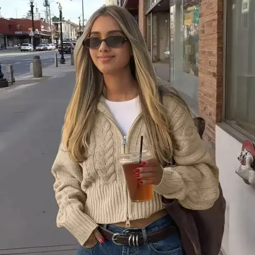 Women's Fall Winter Fashion Casual Zipper Stand Collar Fitted Knit Cardigan, Fashion Knitwear Clothing, Long Sleeve, Retro Design Sweater, Versatile Office Wear, Basic Knitwear, Cozy Knitwear, Womenswear, Knitting, for Lady