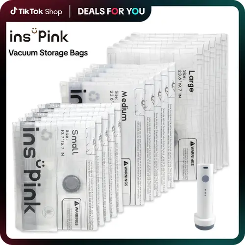 [Space Saver] Inspink 15‑Pack Reusable Compression Storage Bags Set with 25W Wireless Rechargeable Vacuum Pump ‑ Auto 120s Shutoff, Compact, Portable, Lightweight, Leakproof Pouch ‑ 80% Space‑Saving Home Organizer for Clothes, Airplane Travel Accessories