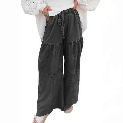 Mntaor Women's Black Mineral Wash Tiered Wide Leg Patchwork High Waist Drawstring Pants - Casual Trousers Aesthetic Bottoms,Winteroutfit