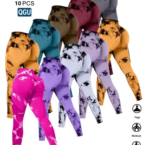 QGU Women's Assorted Tie Dye Leggings 10-Pack, High-Waist Stretchy Compression Pants with Tummy Control & Butt Lift, Sporty Chic Biking Activewear for Workout, Running, Travel (Workout Outfit Inspo)