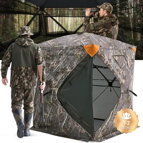 VEVOR Fiberglass Hunting Shelter Hunt Gear, 270° Wide View 1-2 Person Pop Up Blind, 150D Rain-proof Diamond-Pattern Fabric, Silent Setup, 1-Way Mesh, Detachable Parts, Automatic Closure, 55x55x67 in Carry Bag for Deer Hunting