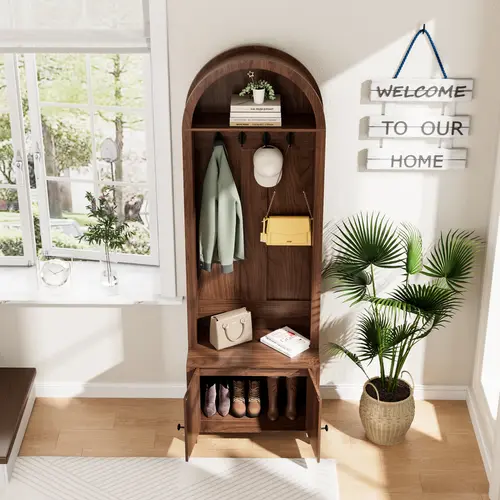 Freestanding Traditional Rustic Farmhouse Wood Coat Rack Hall Tree Furniture - 70.9"×66.9"×78.74" Arch-Top, 4/7 Hooks, MDF Shoe Storage with 2 Fluted Doors, 200 lbs Capacity, 23.7"w×13.8"d×13.18"h Compartment, Easy-Setup Room Decor for Hallway, Mud Room,