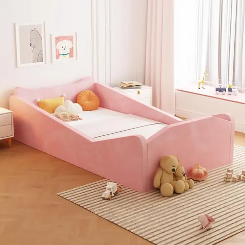 JOYMOR Toddler Bed, Floor Bed with Safety Guadrail, Montessori Toddler Bed with Animal Ear Shapes, Soft Velvet Wood Bed for Infant, Kids, Mattress not Included
