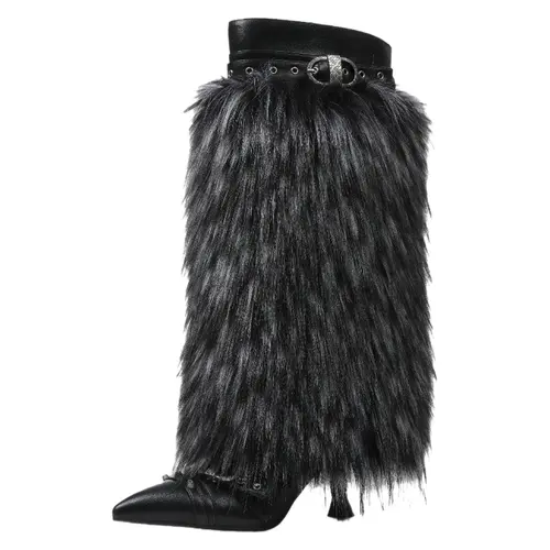 Women's Warm Faux Fur Pointed Toe Knee High Boots, 2" Kitten Heel Leather Shoes with Sleek Look - Fold Over Snow Walking Footwear