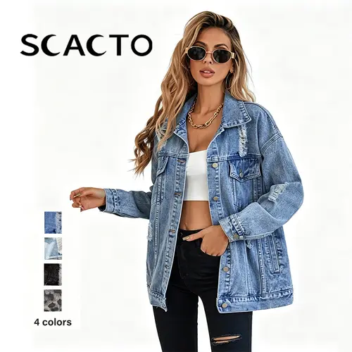 Scacto Women's Vintage Distressed Collared Long Sleeve Denim Jacket - Ripped Fringe, Casual Pockets, Soft Buttons, Oversize Tops, Comfortable Everyday All-Season Outerwear
