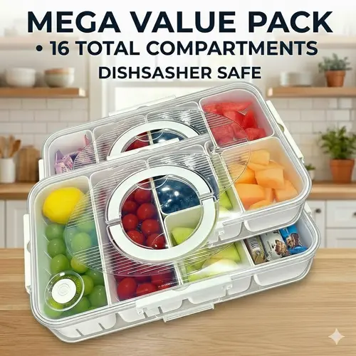Dual Layer 16-Grid Divided Serving Platter with Lid, Large Capacity Snack & Appetizer Tray Organizer for Hosting and Travel Food Storage Leakproof Container Airtight Container Set Airtight Food Storage
