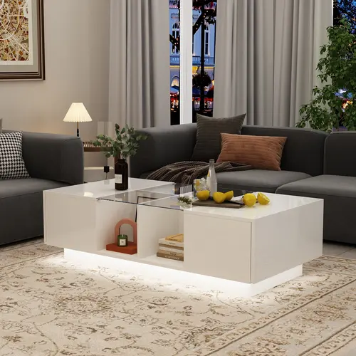 FUFU&GAGA Modern LED Coffee Table - Engineered Wood Rectangle Glass Top Modern Furniture, 2 Drawers, 4 Cubes, Open Compartments, Remote Dim Control, Floating Light, Living Room Decor, Requires Assembly