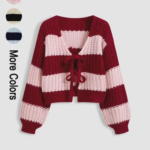Women's Loose-Fit Striped Colorblock V Neck Sweater, Casual Long Sleeve Drop Shoulder Cardigan for Spring & Fall, Ladies Fashion Knitwear