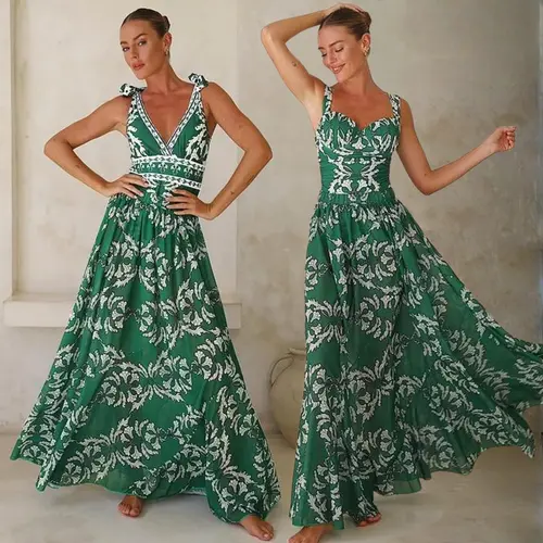FLAXMAKER Women's V Neck Green Botanical Print One Piece Swimsuit with Matching Cover Up Skirt Set, Tummy Control Beachwear, Stylish Swimdress, Skirt Style   Beachwear, Flowy Bathing Suits