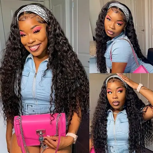 Bling Hair Headband Wig Deep Wave Machine Made None Lace Human Hair WIg Ready to Wear Glueless Curly Headband Half Wig For Wowen Beginner Friendly 180% Density #DealsForYouDays
