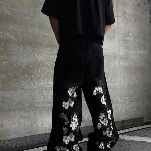 Y2K Sakura Embroidered Loose Baggy Wide Leg Oversized Jeans, Aesthetic Streetwear Street Style Casual Vintage Denim Floral Embroidery Jeans for Women