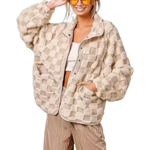 Chouyatou Women's Winter Casual Contrast Plaid Sherpa Button Jacket, Loose Fit Outerwear, Oversized Faux Fur Tops for Street Wear, Long Sleeve,back to school,back to school shopping
