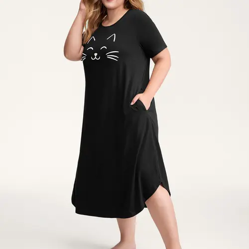 BLOOMCHIC Women's Happy Cat Print Spandex Contrast Sleep Dress - Cute Style, Butter-Soft Fabric Garment, Comfy Lightweight Pocket Nightgown for Summer, Round Neck Lounge Wear, Nightwear, Sleeve, Fashion, Polyester Blend, Cute Nightdresses, Breathable Nigh