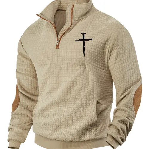 Men's cross-print waffle weave hoodie, long-sleeve stand-up collar pullover, Quarter Zip Pullover, Jesus cross print, winter hoodie, daily holiday wear, street style casual outfit, casual fitted hoodie, suitable for spring, autumn and winter seasons