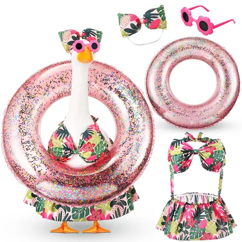 Summer Porch Goose Outfit Bikini for 23" Plastic/ Cement Goose Statues(not included goose), Hawaii Porch Goose Clothes with Sunglasses and Swimming Tube, Porch Goose Costume Garden Pool Patio Lawn Yard Decor