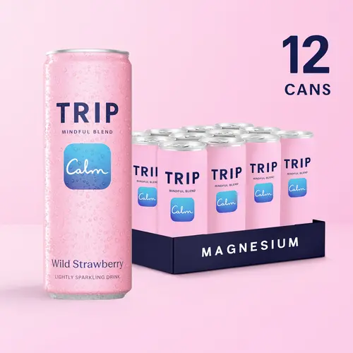 TRIP Wild Strawberry Sparkling Magnesium  Drink — 120mg Magnesium, Ashwagandha, Lion's Mane, L-Theanine, Non-Alcoholic, Low Calorie, Vegan (12-Pack, 12oz)
