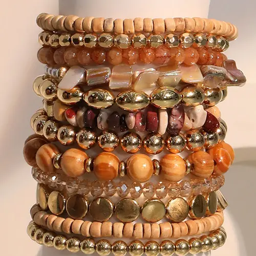 Bohemian Crystal Beaded Bracelet Set, Elegant Design with Elastic Cord, 12-Piece Women's Jewelry Gift, Beautiful Bracelets, Boho-Chic Crystal Bracelets, Stacked Design Bracelets, Adjustable Stack Bracelets