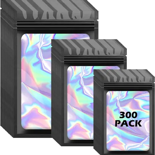300PCS Black Holographic Mylar Zipper Bags - 3 Sizes Resealable Smell-Proof Pouches with See-Through Window, Manual & Heat Sealing for Dried Fruit Storage, Small Business Samples Packaging