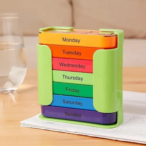 7-Day Compact Pill Organizer - 1 Count Portable Large Capacity Storage Box with Daily Slots for Simple Dosing, Home/Office Ready, Travel-Friendly Home Supply for Vitamins, Supplements, Medical Care (Multicolor)