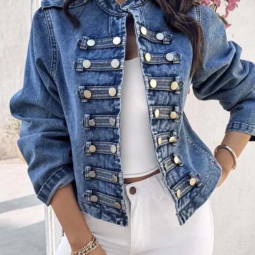 Women's Vintage Stand-Collar Short Denim Jacket with Double-Breasted Front Placket Puffed Sleeves Classic Blue Casual Coat for Spring Autumn Fabric Womenswear
