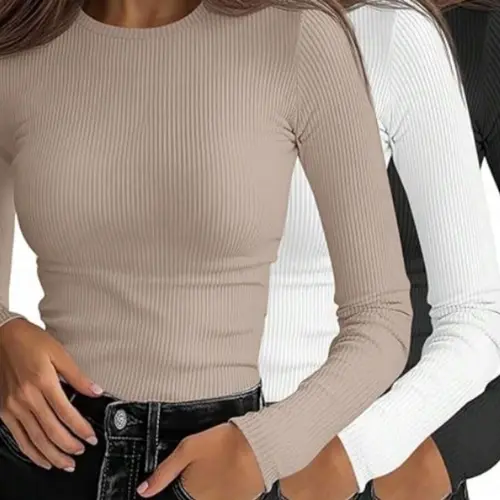 Women's Plain Slim-Fit Knitted Crew Neck Long Sleeve T-Shirt, Casual All-Season Top, Ideal for Daily Wear and Layering, Knitwear
