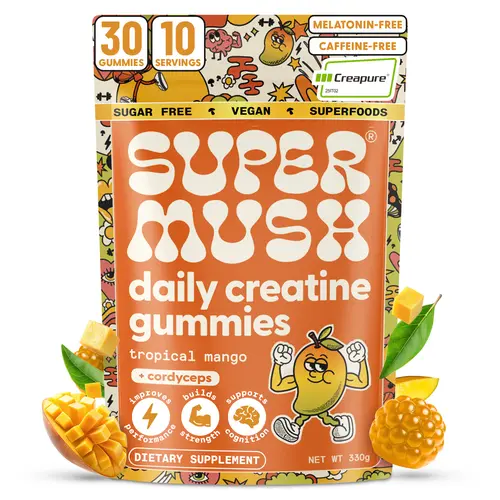 SuperMush Daily Creatine Gummies for Men & Women - Creatine Monohydrate Gummies with Cordyceps Mushroom Extract for Strength, Focus, and Recovery - Sugar Free, Vegan Mushroom Supplements (30 or 60 Gummies Pack)