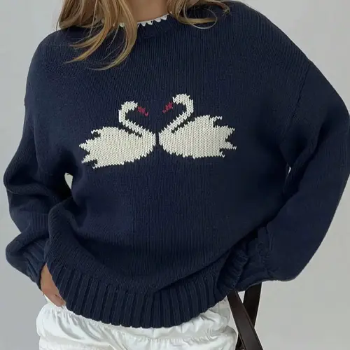 Knit Sweater Top Graphic Swan Pattern Crew Neck Long Sleeve Soft Knit Pullover Casual Knitwear Loose Oversized Cozy Fall, Autumn Knit, Winter Trendy Womens Chic Street Style Relaxed Fit Jumper