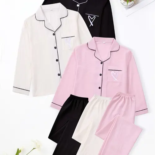 Women's Heart Embroidered Cardigan Set, Long Sleeve Elastic Waist Pants, Casual Comfortable Pajama Sleepwear, Loungewear, Spring & Fall Home Wear