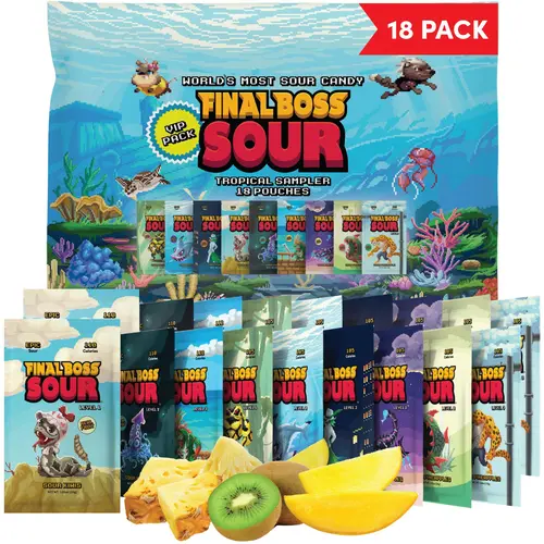 Final Boss VIP Tropical Sampler Pack - Sour Candy - 18 Pouches of Mango, Kiwi, Pineapple - 3 Level Sour Challenge Sour Fruit Flavors Sour Variety Gummy