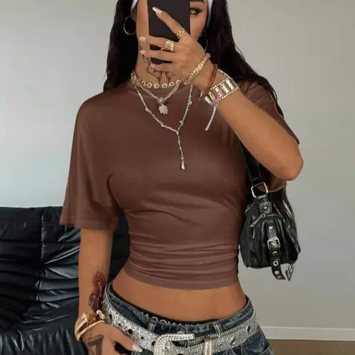 Women's Summer Casual Everyday Y2K Basic Minimalist Loose Ruched Cropped Short Fit T-Shirt, Elastic Stretchy Street Style Tee for Daily Wear & Back to School Streetwear, Top
