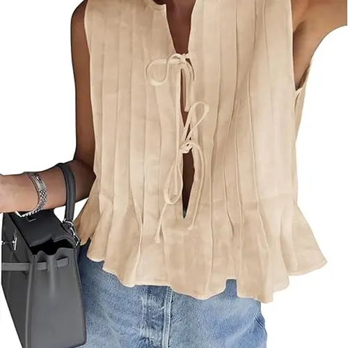 Cicy Bell  Womens Bow Front Tie Tank Tops Pleated Babydoll Top Sleeveless Cute Coquette Shirt Summer Outfits