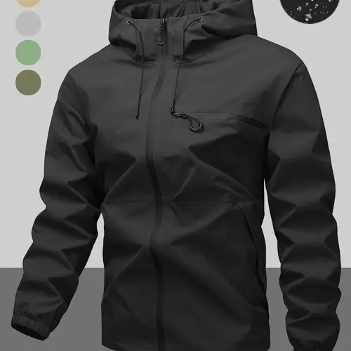 Men's Waterproof Windproof Rainproof Drawstring Hooded Jacket Rain Coat with Zipper Pocket Design, Casual Long Sleeve Outdoor Outerwear for All Seasons