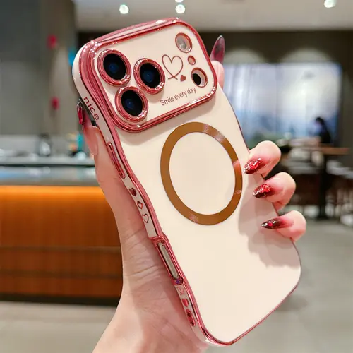 Magnetic MagSafe-Compatible Cellphone Casing for iPhone 17 Pro Max,16,15,14,12 - Women’s Soft Cute Wave Frame Curly Shape Love Heart Luxury Plating Smartphone Protection Accessories Shockproof Back Cover, Handheld, Devices