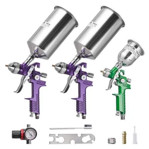 【Summerfinds】VEVOR 3-Piece Air Spray Gun Kit,Professional Auto Paint Spray Gun Set with 3 Nozzles (1/1.4/1.8mm)3 Cups & Air RegulatorGravity Feed Automotive Paint Sprayer for PrimerTopcoat & Touch-Up, Power Tool, Paint Spraying Tool