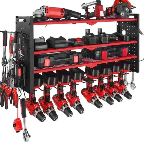 【toolupgrade】VEVOR Wall Mount Power Tool Organizer, 4-Layer Storage Rack with 8 Drill Holders & Side Pegboards, Adjustable Shelf Height, 60 lbs Per Tier, 32.87x8.66x16.54 in, Cordless & Construction Tool Organizer for Garage Workbench