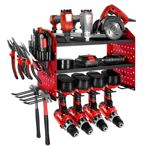 VEVOR Carbon Steel Wall-Mount Metal Tool Organizer, 3-Layer Adjustable Shelf Height Rack (33 lbs/Tier, 23.31x8.66x12.01 in, 100 lbs Capacity) with 4 Drill Slots, Side Mesh Shelves, Pegboard Hooks, Fits Large Batteries for DIY Lovers, Ideal for Garages