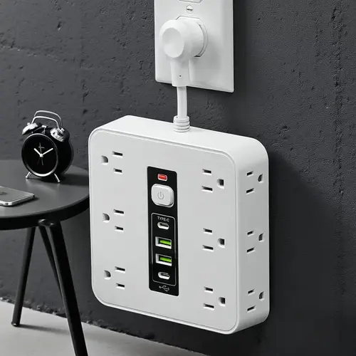 16-in-1 Surge Protector Power Strip With 12 AC Outlets (3-Side Access) & 4 USB Ports (2 Type-C Fast Charging) ,Compact Portable Design For PortablePower/Home/Office/Travel/Dorm - Overload & Space-Saving Protection