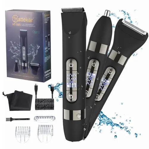 Hatteker 4-in-1 Multifunctional Hair Trimmer - Cordless Rechargeable Clippers, Smooth Waterproof Dual Heads, Men's Groin Pubic Ball Shaver, Nose Facial Hair Remover, Wet/Dry Razor, Gifts for Him