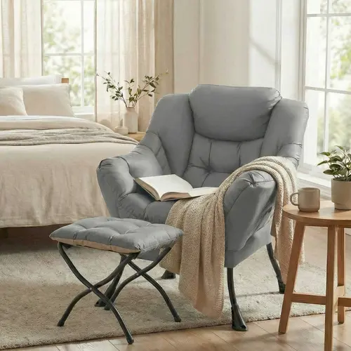 Arlopu Lazy Chair with Foldable Ottoman, Modern Comfy Lounge Chair, Large Sofa Armchair with Footrest and a Side Pocket, Leisure Reading Chair with Footstool for Bedroom, Living Room, Dorm