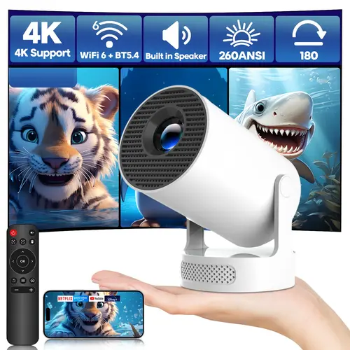 Mini Projector HY300Pro+ with 8K/4K/1080P Decode 290ANSI Lumens Auto Keystone Correction Built-in 5W speaker Dual WiFi6 Wireless BT5.4 Android 14 Native 1280*720P for Home Cinema Portable Movie Theater #TikTokShopBackToSchool
