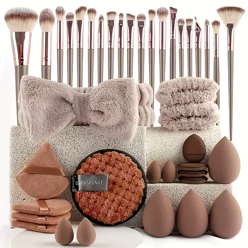 58/40/20Pcs All-in-1 Holiday Makeup Starter Kit - Classic Cosmetic Set with Brushes, Eye Makeup Tools, Sponge, Headband, Brush Cleaning Bowl, Puff, Wristband for Flawless Complexion, Portable Multicolor Girls Kit