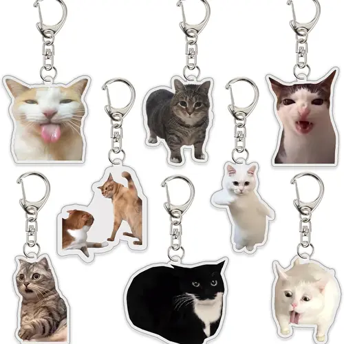 8pcs Plastic Cat Keychain Set - Cute Meme Character Graphic Animal Keychains, 2 Talking Cats, Durable Lightweight Backpack Accessories, Unique Gifts for Women’s Key/Purse Attachments