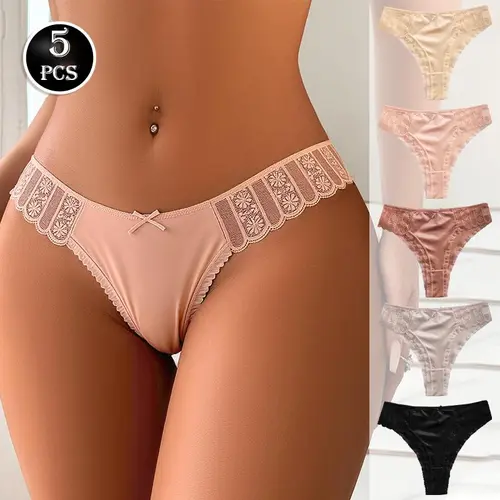 Women's Cute Preppy Retro Cheeky Knicker Thongs - 5pcs Mix Colors Sheer Lace with Frill Trim, Breathable Seamless Panties for Women, Daily & Wedding Wear Sexywear
