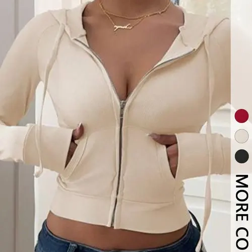 Women's Hooded Knit Sweatshirt with Zipper, Fall & Winter Casual Slim-Fit Design, Fashionable Simple Design for Daily Commute Tops