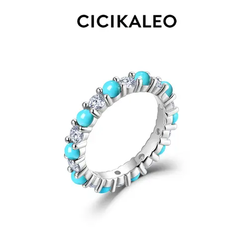 CICIKALEO 3MM Moissanite Eternity Band for Women with Turquoise Lab-Created 18K White Gold Plated Wedding Promise Ring Gift for Her #Summervibes Elegant Ring Bridal Statement Ring