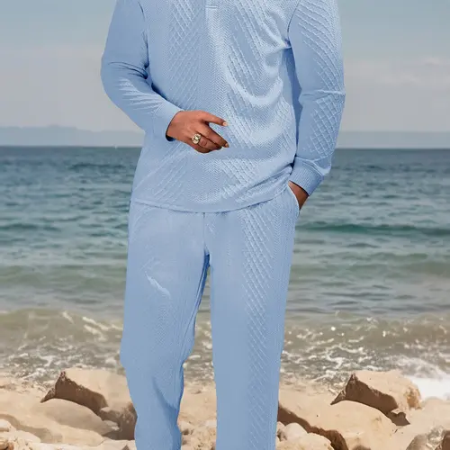 Men's Textured Long Sleeve Polo Shirt & Drawstring Pants Set, Casual Fitted Design, All-Season Wear, Comfortable Fit, Top Trousers Set