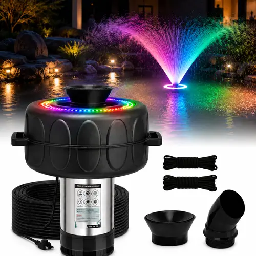 1HP 750W Drive Efficient Submersible Floating Water Fountain Pump, 15,000 GPH (Gallons Per Hour), Stainless Steel Body, 100ft Power Cord, Multi-Nozzle, Parabolic Column & V-Spray Functions, Plug-In Pond Aerator That Aerates Pond, Water Pump for Fountain