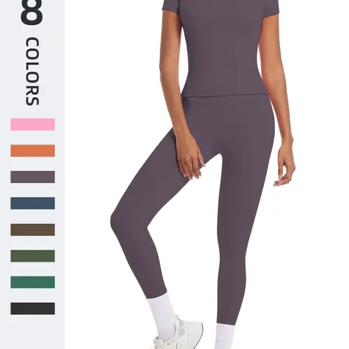 Women's 2-Piece Yoga Workout Set, Solid Color Short-Sleeve Tee & High-Waisted Leggings, Breathable Activewear Clothing for Gym & Running, All Seasons Sportswear, Women Workout Clothes