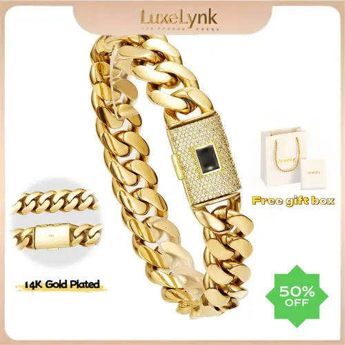 14K gold-plated Cuban Miami style bracelet, electroplated with waterproof and rust-proof technology. The best gift for your family, suitable for leisure, business, entertainment and other occasions. 14mm, 7.5/8.5inch available