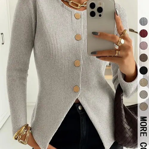 Women's Basic Elegant Ribbed Fall Knitwear Button-Front Long Sleeve Top Shirt, Casual Elegant Fitted Design in Medium-Weight Fabric for All-Season Wear